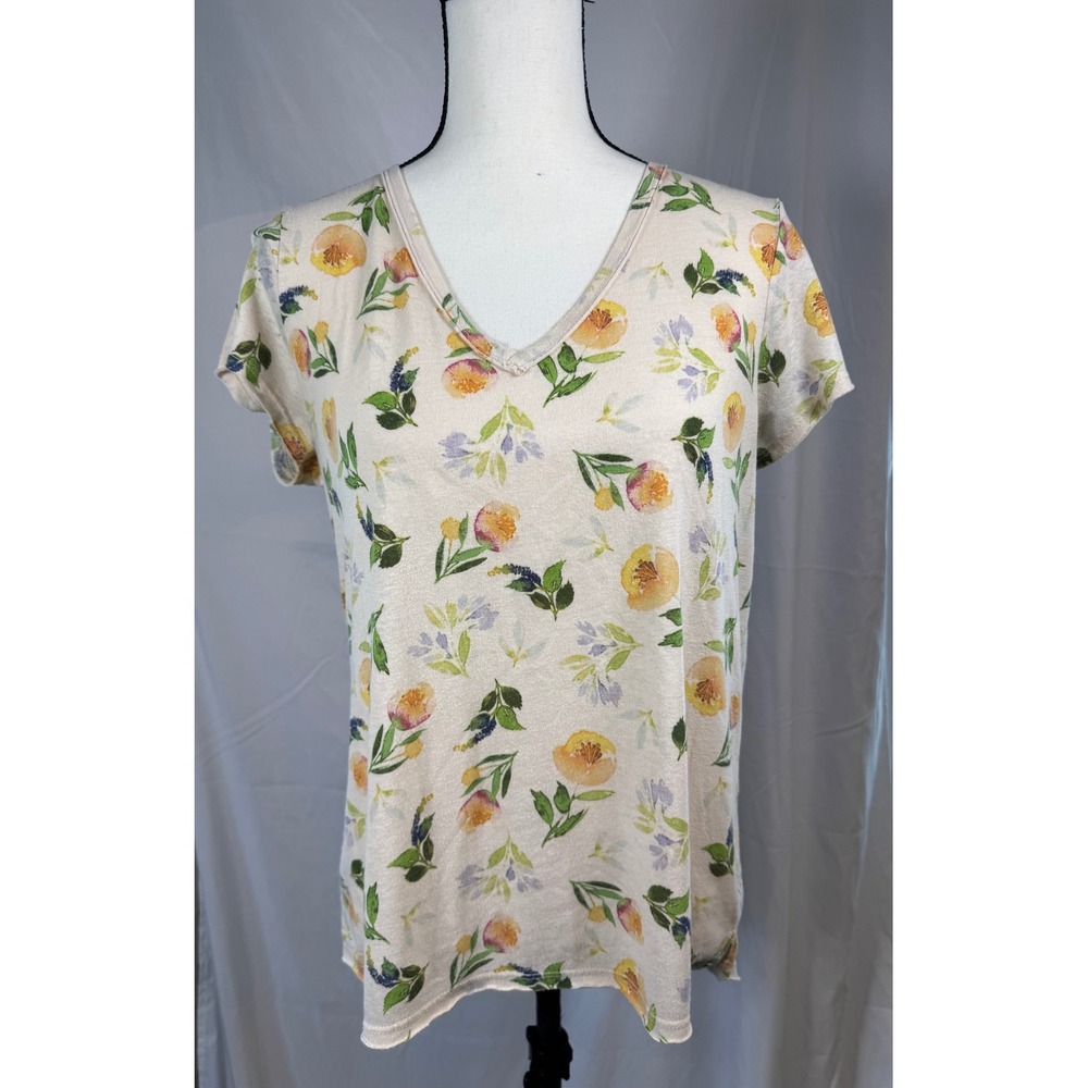 t.la Beige Floral V-Neck Crossover Back Tee Women Medium Excellent